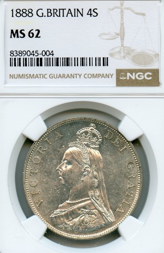 GREAT BRITAIN DOUBLE FLORIN SILVER 1888 MS-62 NGC VICTORIA NICE