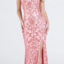 Pink Sequin Floral Sleeveless Gown Lace-Up Back Scoop Neck Formal Dress