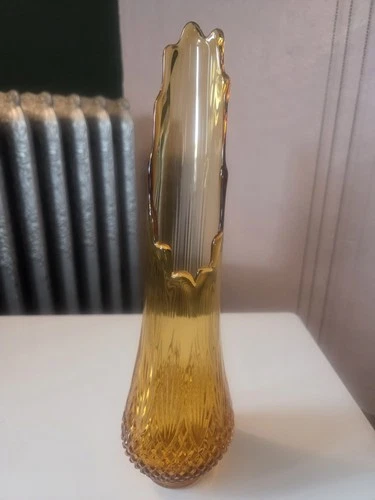 Vintage Fenton swung glass amber hobnail vase 12.5 inches tall.