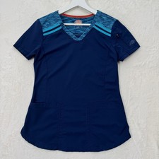 Dickies Scrub Top Womens XS Navy Blue V-Neck Space Dye Zipper Pocket Stretch