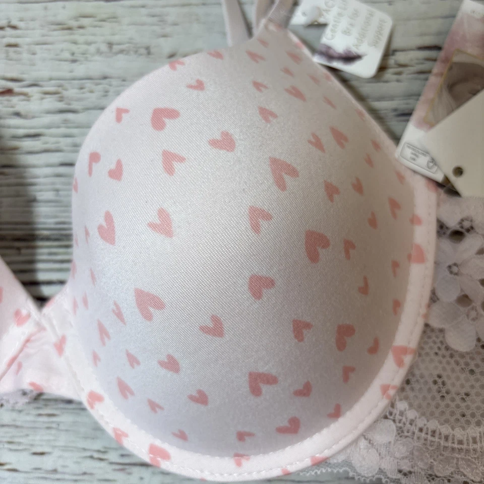 Jessica Simpson Bra Sz 36B Pink Hearts Lace Underwire Padded Push Up NEW - Image 3 of 4