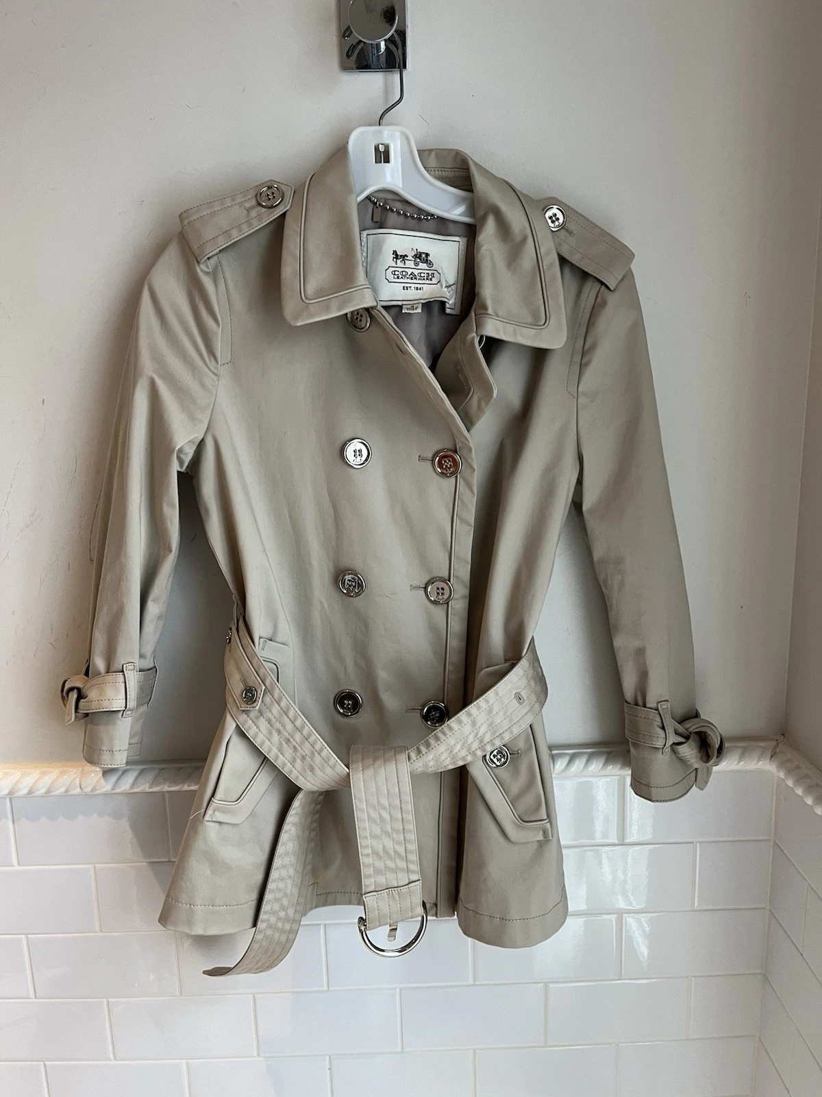 Giacca impermeabile corta Coach 1941 doppiopetto stile classico cintura beige tg 4