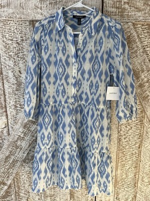 Women s  Blue & White Ikat Cotton Ellen Tracy Dress Size Med Pockets New W/Tags