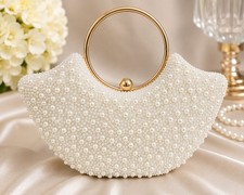 White Pearl Beaded Evening Clutch Gold Ring Handle Bridal Wedding Party Purse