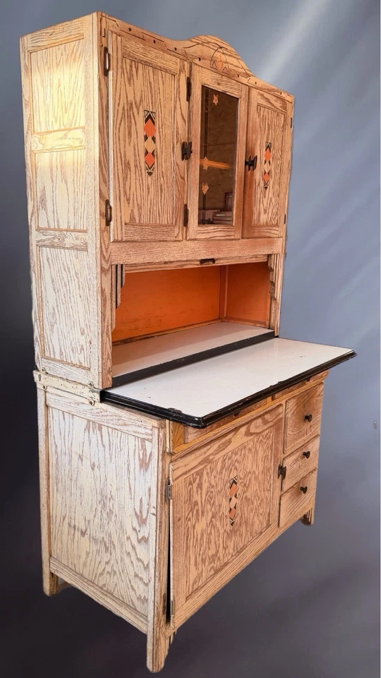 Antique Oak Hoosier Kitchen Cabinet w/ Enamel Top & Glass Door - 70.5” Tall. - Image 3 of 4