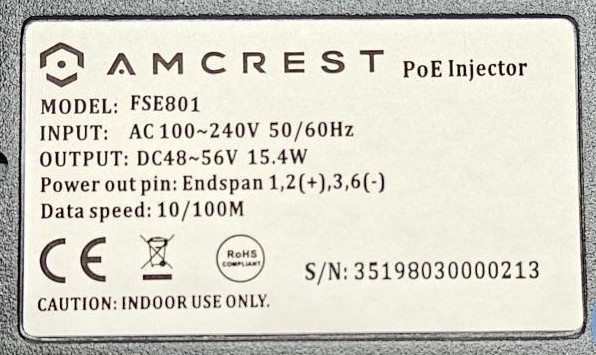 Amcrest FSE801 PoE Injector Power Over Ethernet Adapter 802.3af 15.4w