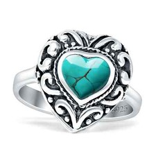 Filigree Turquoise Heart Promise Rings Oxidized 925 Sterling Silver 15mm