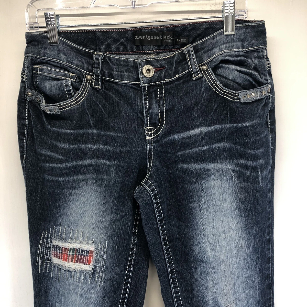 rue21 twentyone black Curvy Jeans Womens 9 10 Regular Patches Slim Boot Dark