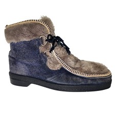 VTG 60s Snowland Fleece Lined Suede Leather Skiing Snow Boots, Blue Gray Size 8