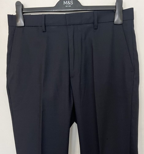 Marks And Spencer M&S Regular Fit Wool Blend Trousers W 32 L 35” Extra Long Navy - Picture 2 of 8