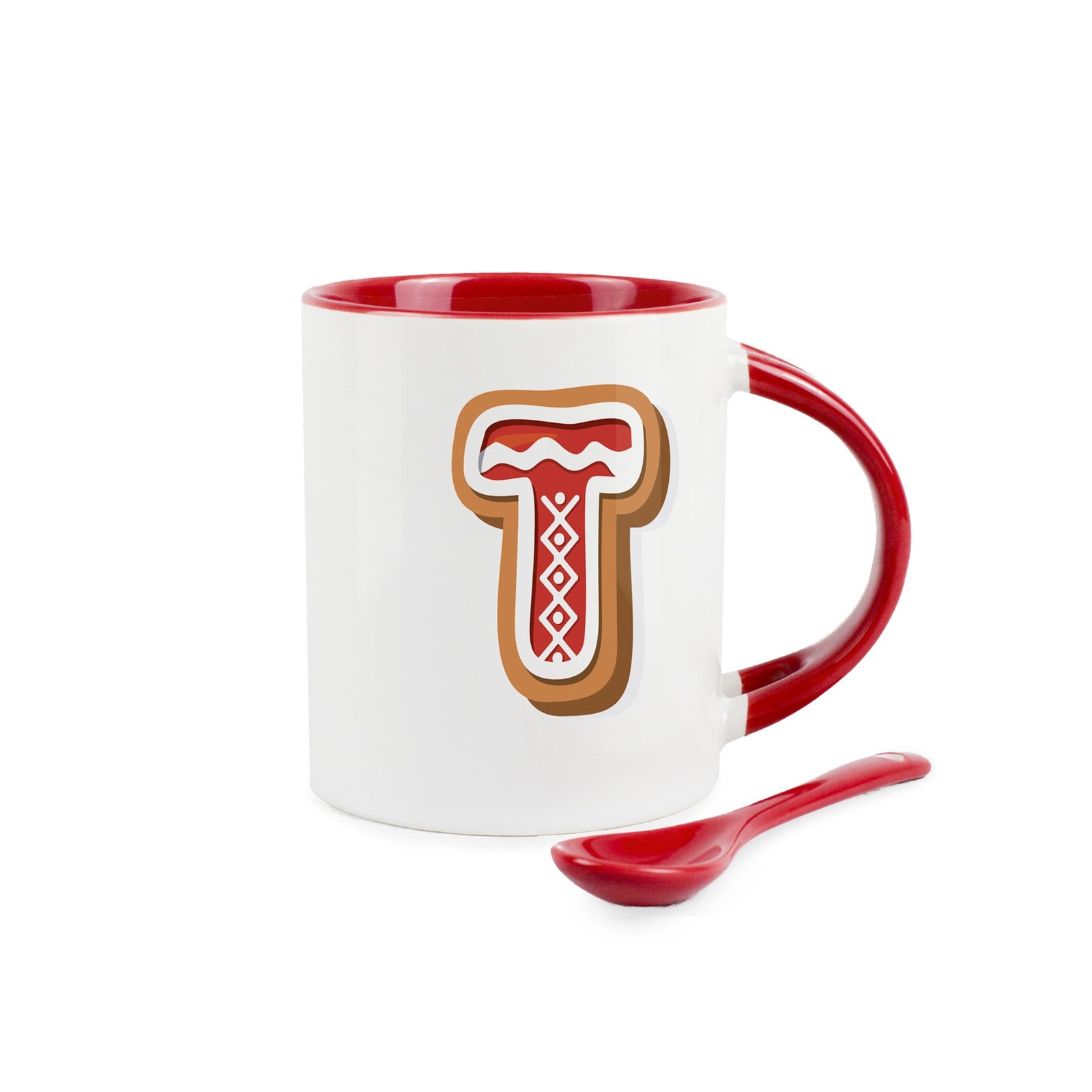 Christmas Cookies Letter T Mug and Spoon Set - Ceramic Red Mug Xmas Gift