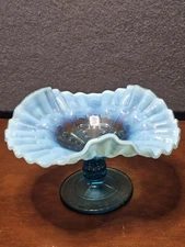 Dugan Glass Blue Opalescent Coin Spot Ruffled Compote