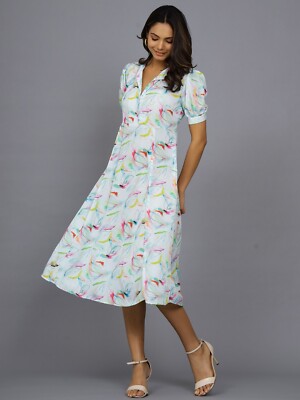 Green Leaf Printed Crepe Silk Dress Women Collar Button Down Club Wear  Tunic | eBay
