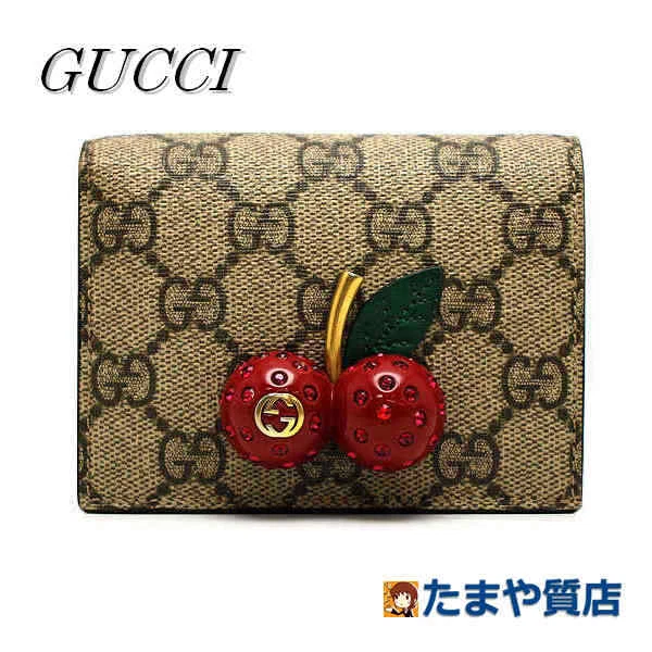 Portefeuille compact bi pli GUCCI Cherry 476050 1177 GG toile suprême fabriqué en elle