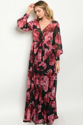 long sleeve floral chiffon maxi dress