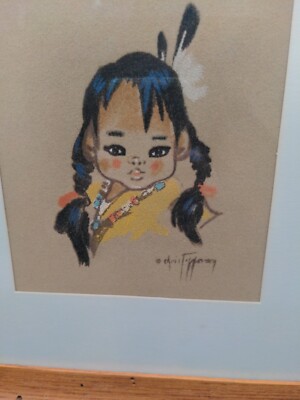 Vintage Chris Jefferson Native American Girl Framed Art Work 11x12