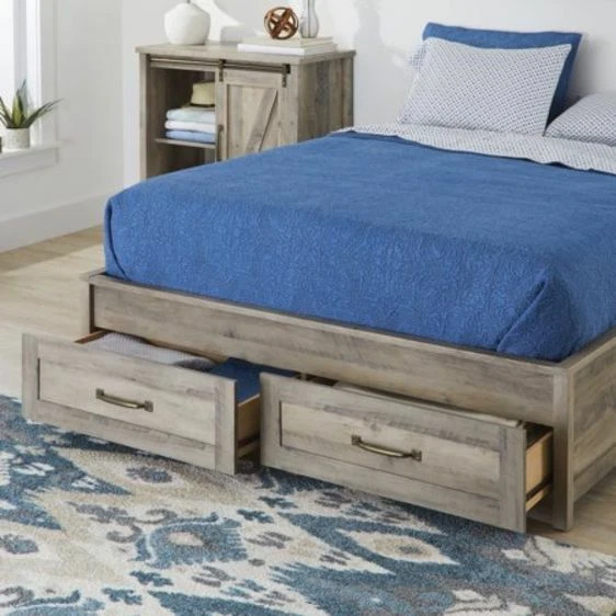 Marco de cama moderno con plataforma Queen de granja con cajones de almacenamiento gris rústico NUEVO Foto 2 de 4