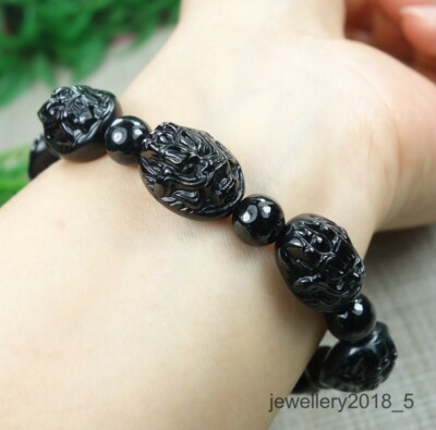 Certified Black green Burma 100% Natural A jadeite Jade Dragon Bracelets 墨翠 龙头手链