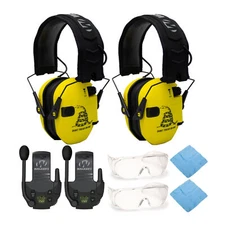 Walker’s Razor Muffs (DTOM Yellow) 2-Pack with Walkie Talkie and OTG Glasses Kit
