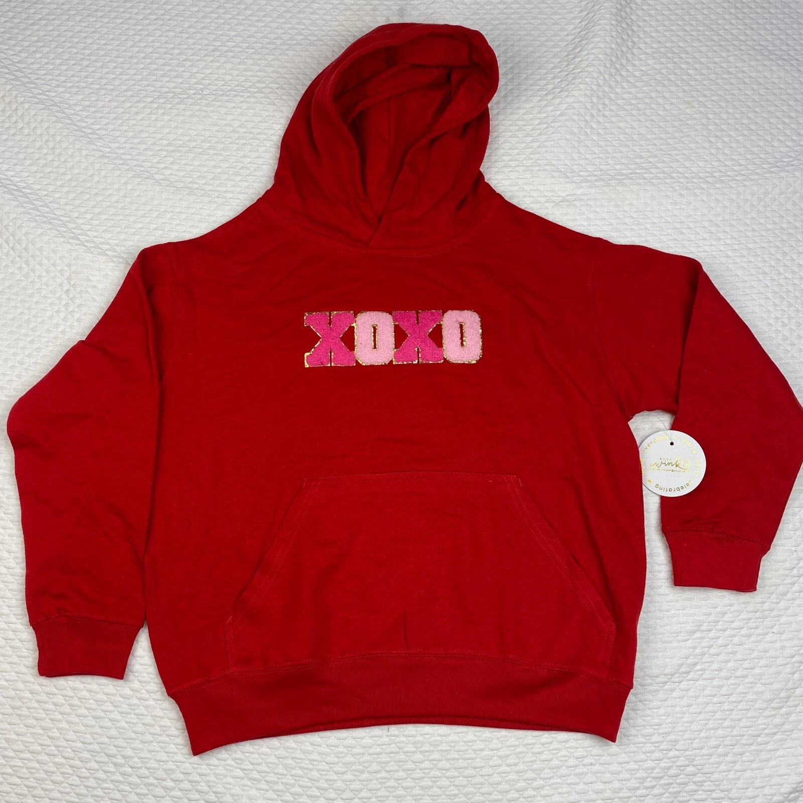 Felpa con cappuccio nuova con etichette Sweet Wink Boutique ragazza taglia 12 XOXO patch maglione San Valentino