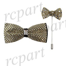 New in box Brand Q Men's bowtie lapel pin 2 piece set crystal yellow checkered