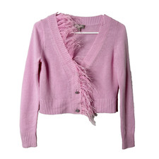 J.Crew Feather Trim Cardigan Sweater Wool Cashmere Pink Crystal Buttons XXS