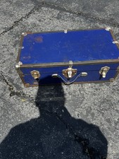 Coffre coffre vapeur vintage bleu avec bordure en métal et poignée en cuir, 31x16,5x13