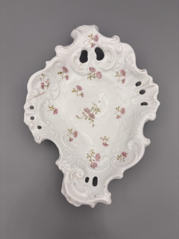 Porcelain Oval Floral Deco Dish w/ Pierced Rim, Victoria Austria - Printed 
