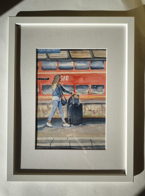 Aquarell. Die Reisende. Am Bahnhof in Bremen. Ca 22x29 cm.