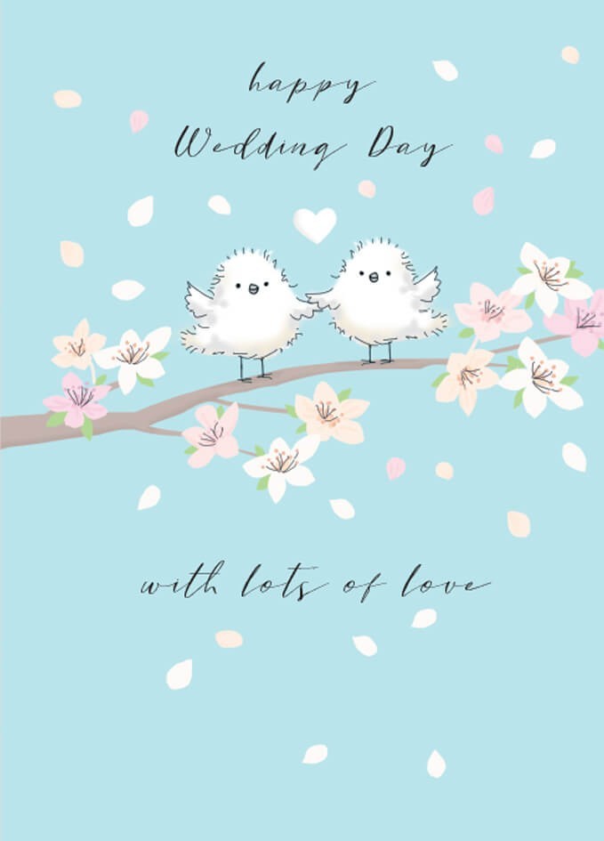 Wedding Day Card Congratulations Love Birds Blossom - Cute Design Greeting Card