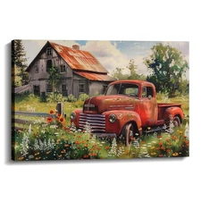 Farmhouse Canvas Wall Art Red Truck with Old Barn Picture Vintage Prints Rust...