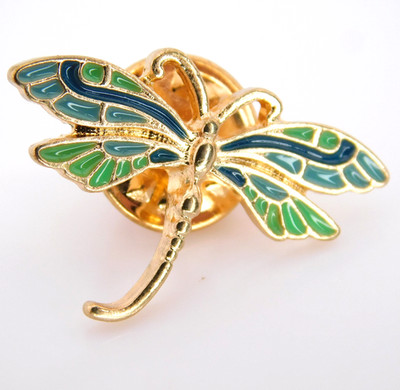 Dragonfly Brooch Blue Green Enamel Gold Tone Garden Flowers Jewelry Pin