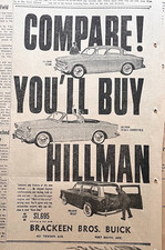 Publicité journal 1959 pour voitures Hillman - cabriolet sport, berline, wagon Husky