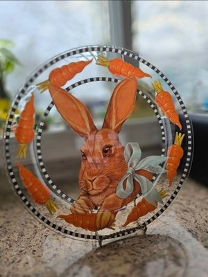 Joanne West Glass Plate Rabbit and Carrots Design Spring Easter Round Signed