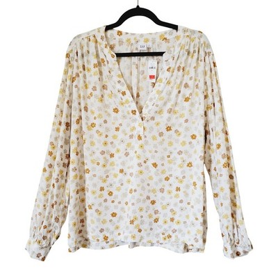 NWT GAP Womens XL Floral Print Long Sleeve VNeck Peasant Top White Yellow