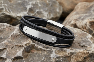 Fred Bennett Multi Strand Woven Black Leather & ID Bracelet 21cm Free Engraving