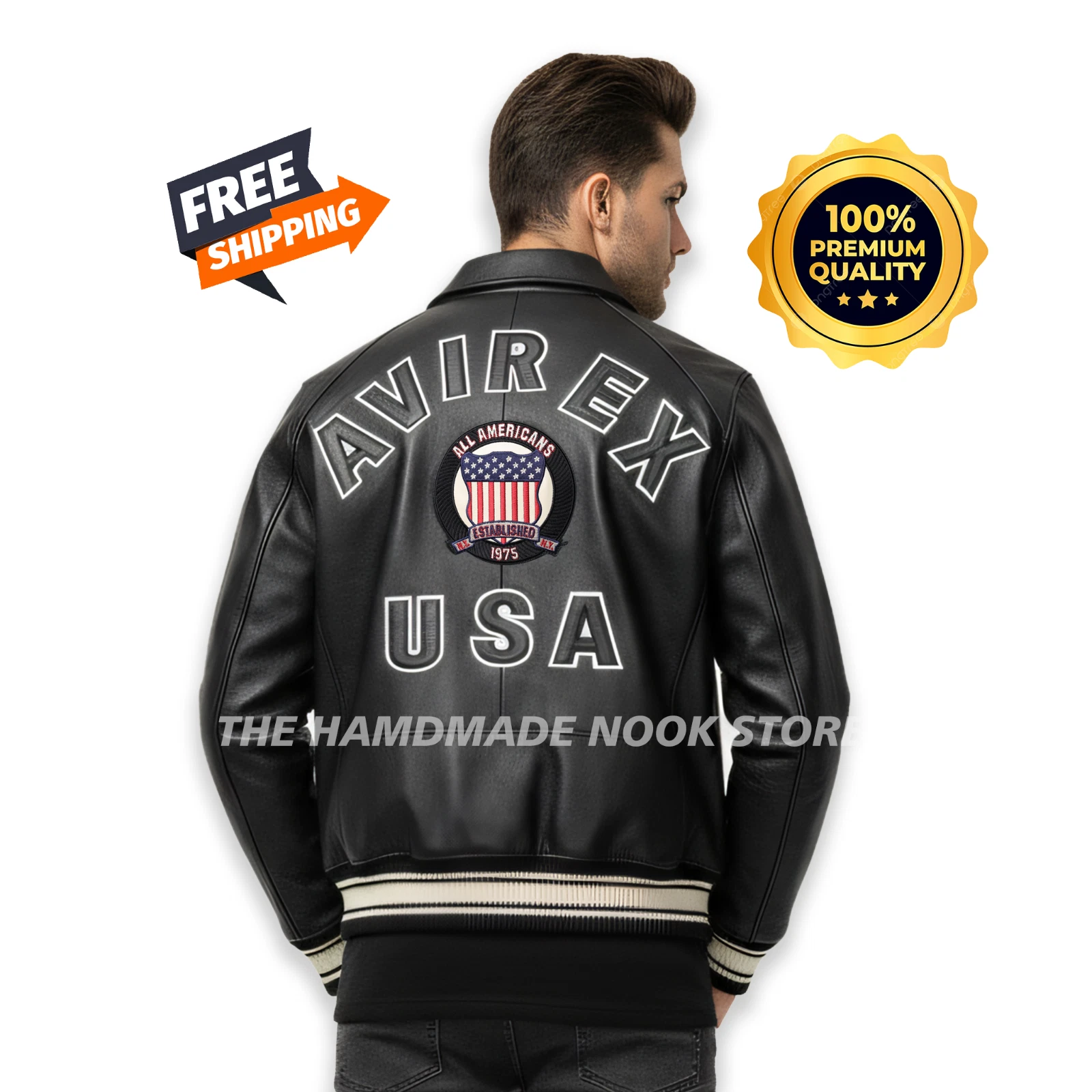 Men's Avirex Black Real Leather Bomber Jacket American Flight Leather Jacket USA