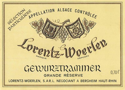 Wine Label Lorentz-Woerlen Vin d'Alsace Gewurztraminer 5 W X 3 1/2 H France