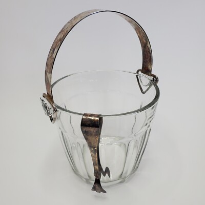Vintage MCM Clear Glass Ice Bucket w/Silver Plate Handle and Claw Tongs