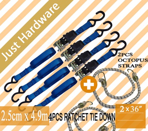 4 PC 4.9 M STRAP 25 mm 1" RATCHET TIE DOWN 700kg HIGH QUALITY 2 PCS OCTOPUS 36 " - Picture 8 of 12