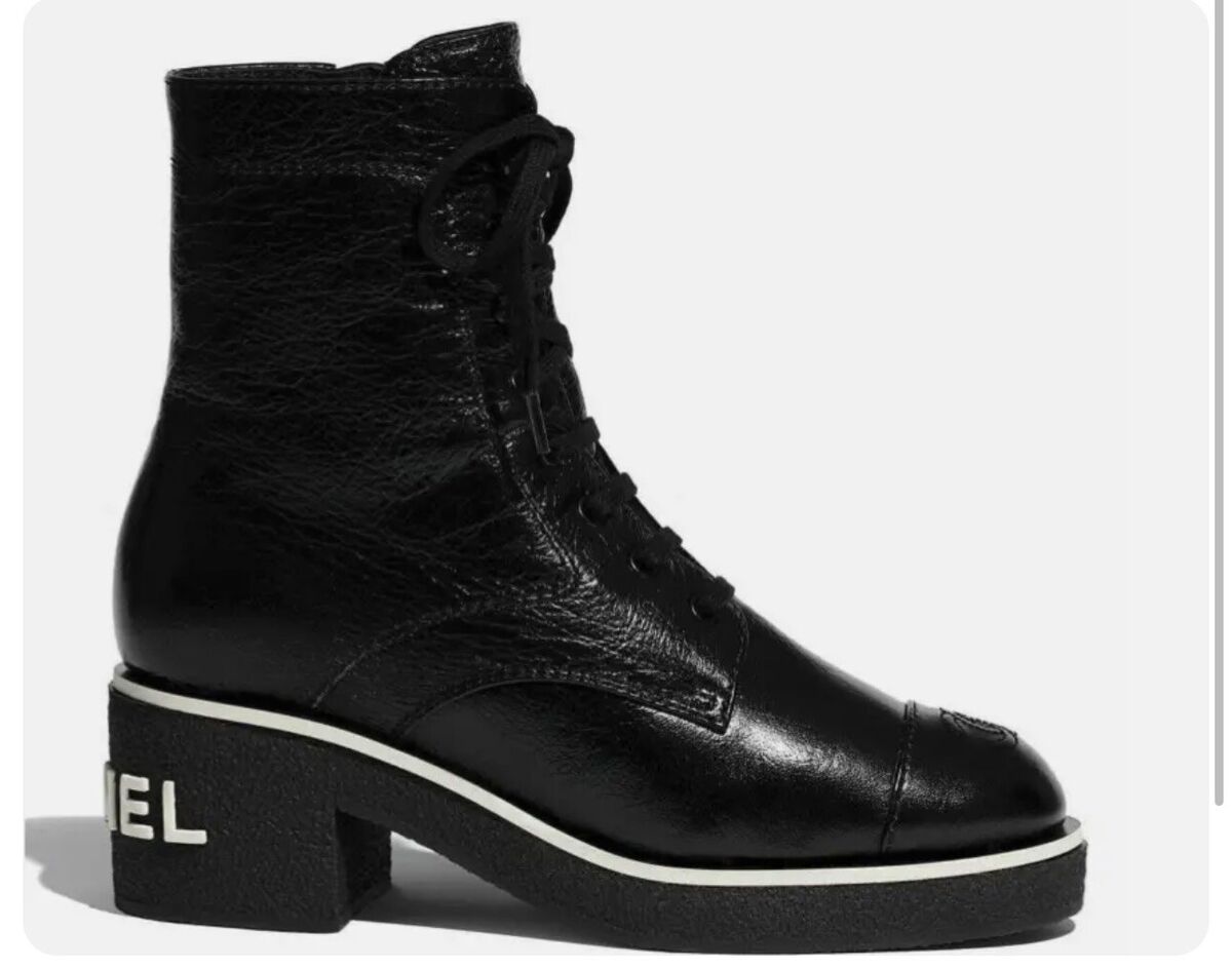 Chanel 21C Black Patent White Logo Combat Lace Up Tie Ankle Chanel 21C Black Patent White Logo Combat Lace Up Tie Ankle