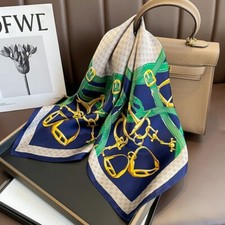 100 Silk Scarf Women Vintage Kerchief Square Bandana Wrap Blue Green Stirrup 68