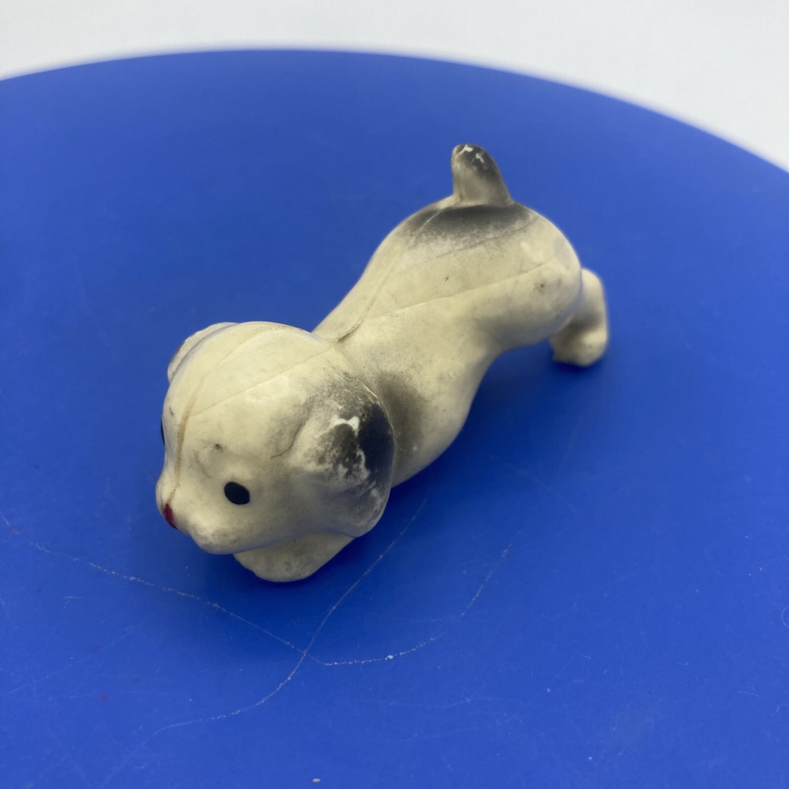 Vintage Dog Figurine Made in Japan Hard Plastic White & Black Red Nose Kawaii