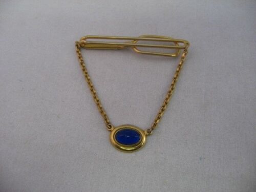 Beautiful Vintage Art Deco Tie Clip Clasp: Gold Tone w/ Hanging Blue Jewel