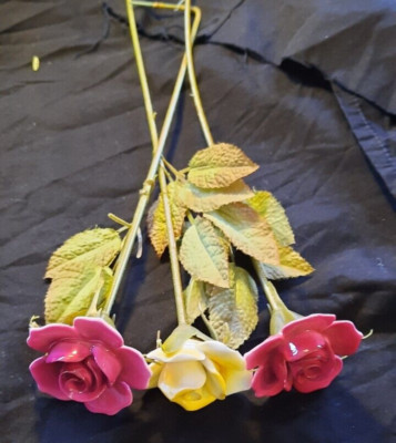 Vintage Ceramic Long Stem Roses - Set of 3 - Red & Yellow Porcelain Florals