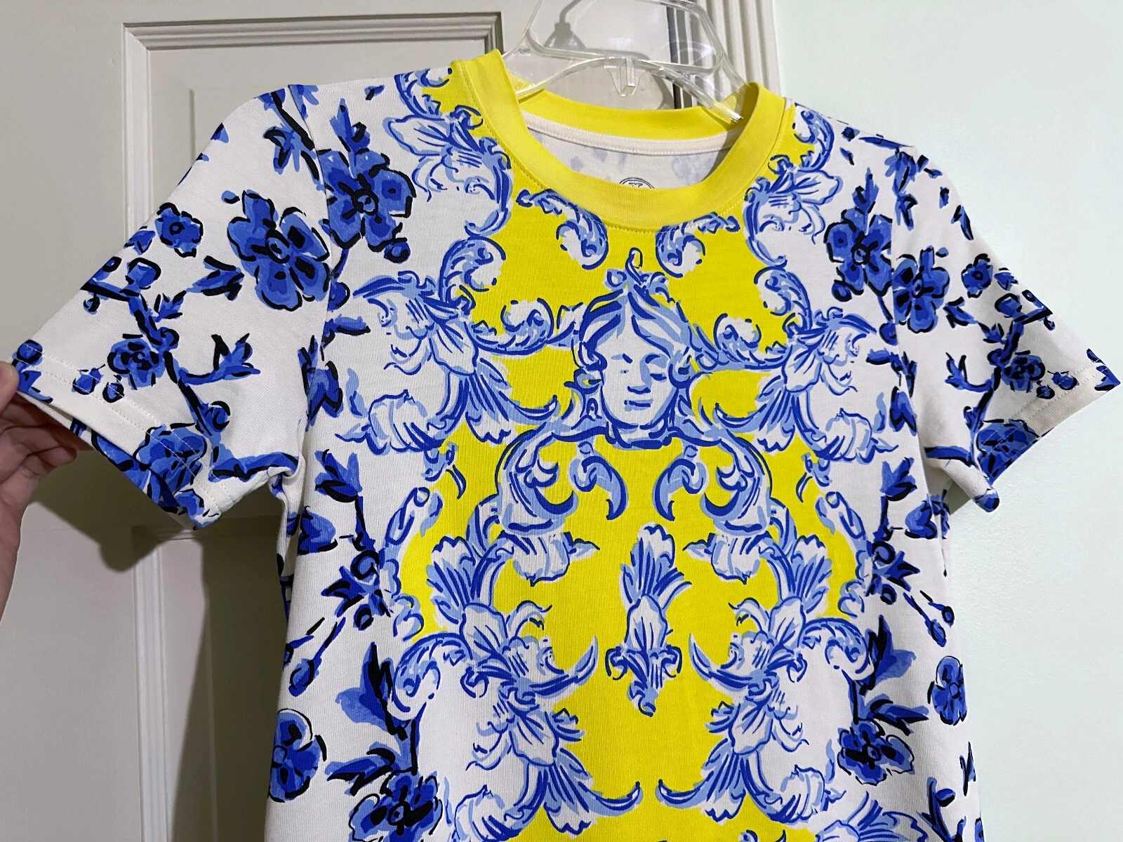 T shirt maglietta stampata Tory Burch mini abito giallo floreale vortice rami blu XXS