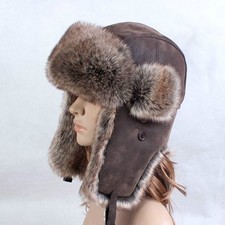 UK Men Faux Leather Aviator Trapper Hat Beanie Cap Flying Faux Fur Ski Ushanka