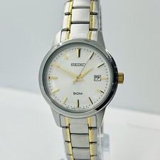 Seiko Women  s Two Tone Stainless Steel White Dial 5ATM 28mm Watch SUR843
