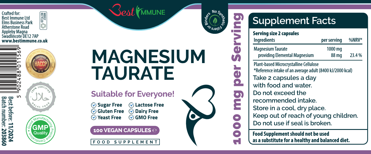 Natural Magnesium Taurate 500mg Premium Grade Ideal Strength 100 Vegan