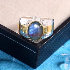 Natural Labradorite & Peridot With 14K White Gold Plated Silver Men's Ring #1145